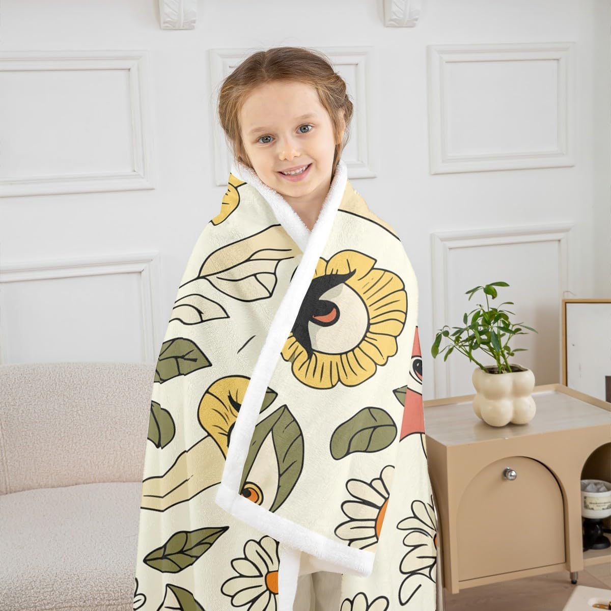 Cute Mushroom Sherpa Blanket Retro Boho Floral Throw Blanket Cartoon Trippy Hippie Flowers and Eyes Fuzzy Blanket Soft Decor Abstract Nature Plants Plush Blanket for Sofa Bed Couch 40x50 Inch