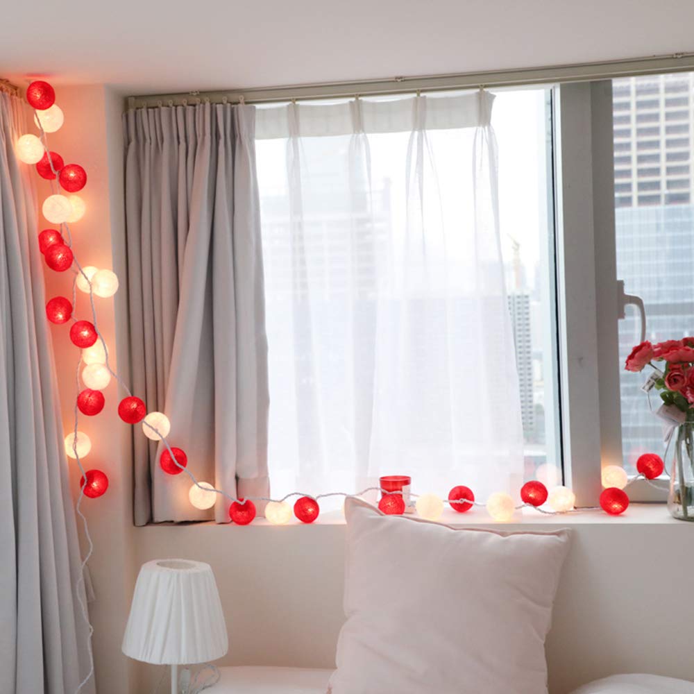 Romantic Cotton Ball String Lights, DOTBUY LED Xmas Fairy Lights Christmas Decoration Battery Operated for Indoor outdoor Holiday Party Decor Garlands (Festive red,1.8M/10LED)