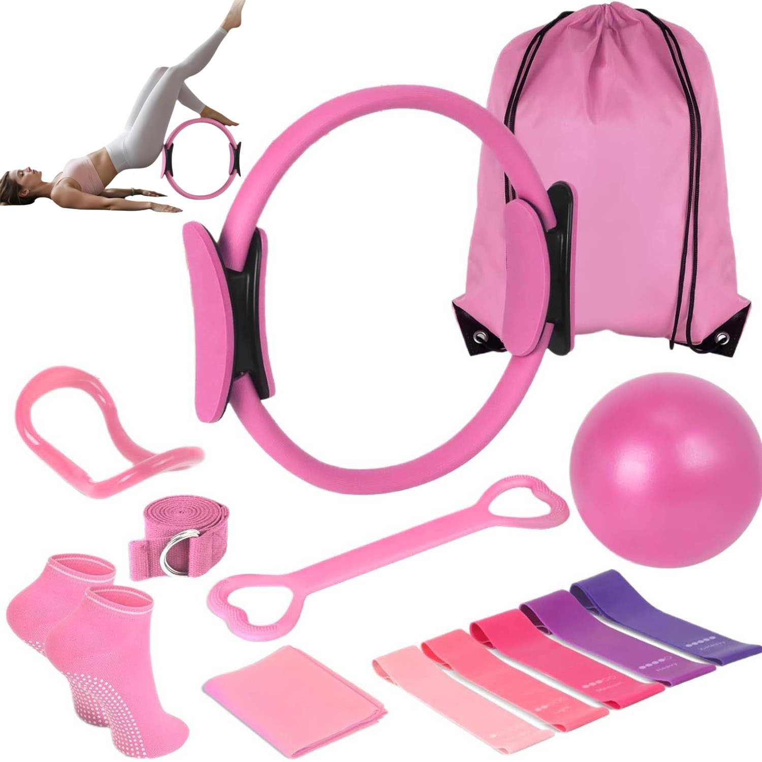 Set di 13 accessori per pilates, per la casa, pilates, pilates, per la casa, pilates, kit essenziale per donne con palla da yoga, anello da yoga, accessori per pilates (rosa)