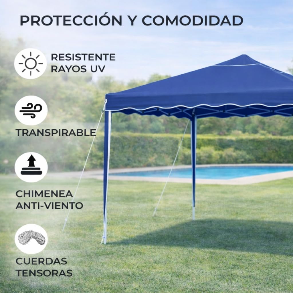 Carpa Cenador Gazebo Plegable 3 x 3 m Azul | Mejores Tubos de Acero de Alta Resistencia Plegables, Antiviento, Protección UV, Bolsa de Transporte| para Playa, Camping, Jardín, Terraza, Exteriores