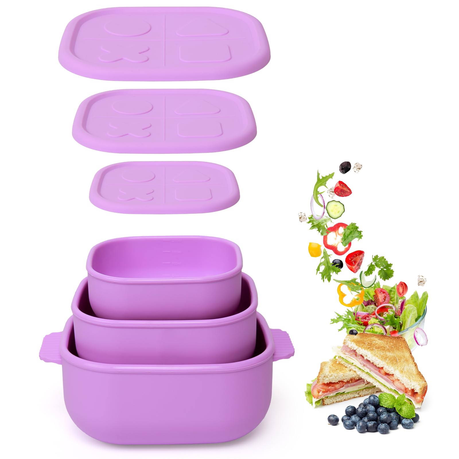 AUDRWALL Silicone Bento Box ｜Food Grade & Leakproof Lunch Box Bento with Lids ｜3-Piece Space-Saving Nesting Kit Food Storage Containers Set (Purple)