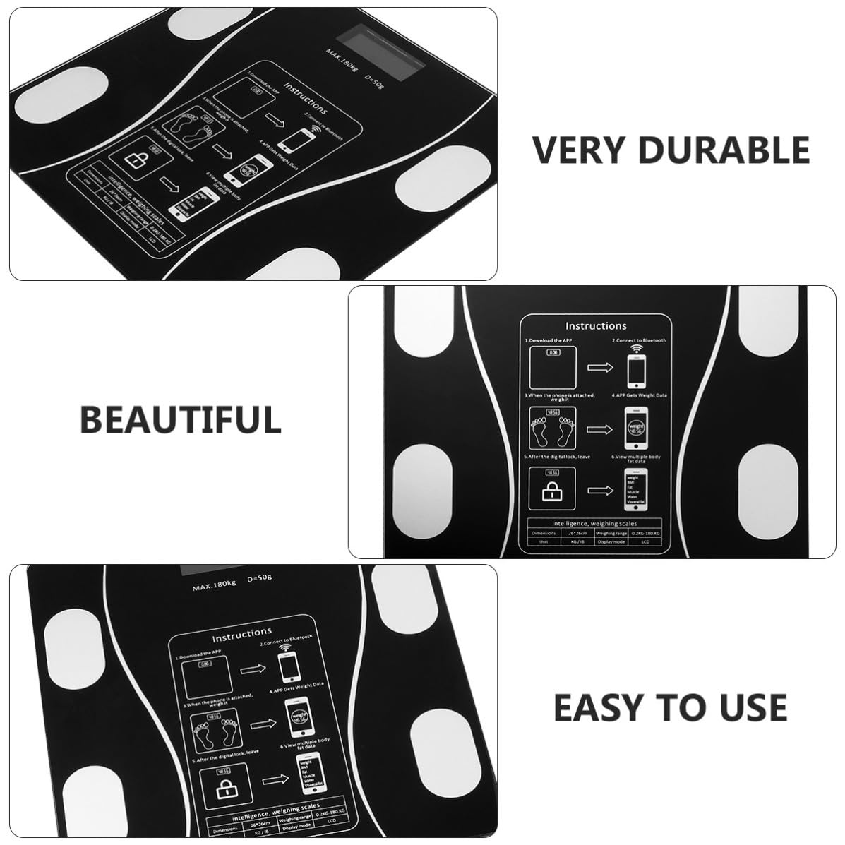 VALICLUD USB Waage Digitale Haushaltswaage Schwarz mit Smartem Gewichtsmesssystem und 79 Funktionsdatenanzeige aus Abs und Glas Tragbar bis 180kg für Personen