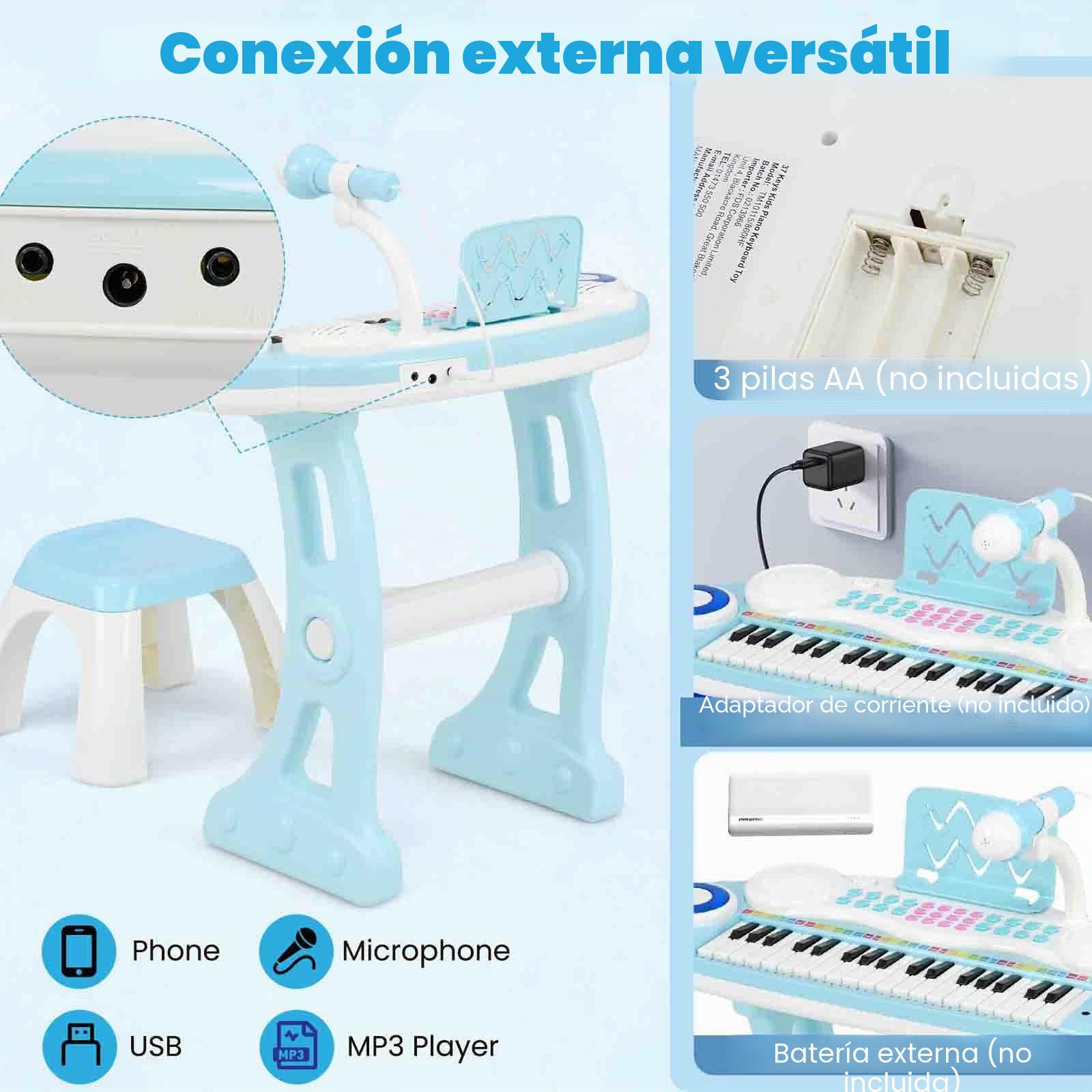 KOMFOTTEU Piano Infantil con 37 Teclas, Teclado de Piano con Efectos de Luz y Micrófono Ajustable, Teclado Electrónico con 8 Ritmos y 8 Sonidos, Taburete, para Niñas 18+ Meses (Azul)