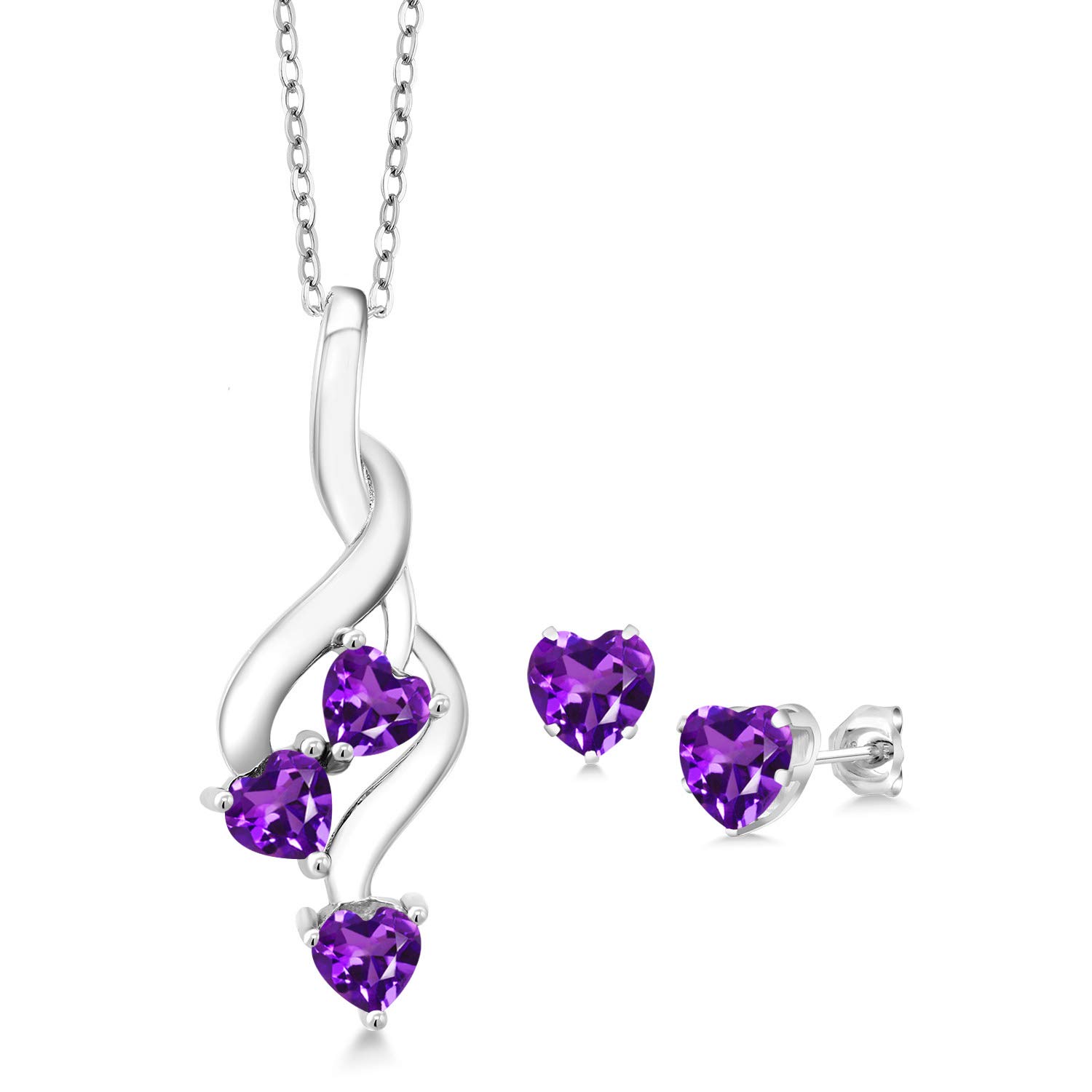 Gem Stone King 925 Sterling Silver Heart Shape Purple Amethyst Pendant and Earrings Jewelry Set For Women (2.35 Cttw, Gemstone Birthstone, with 18 Inch Silver Chain)