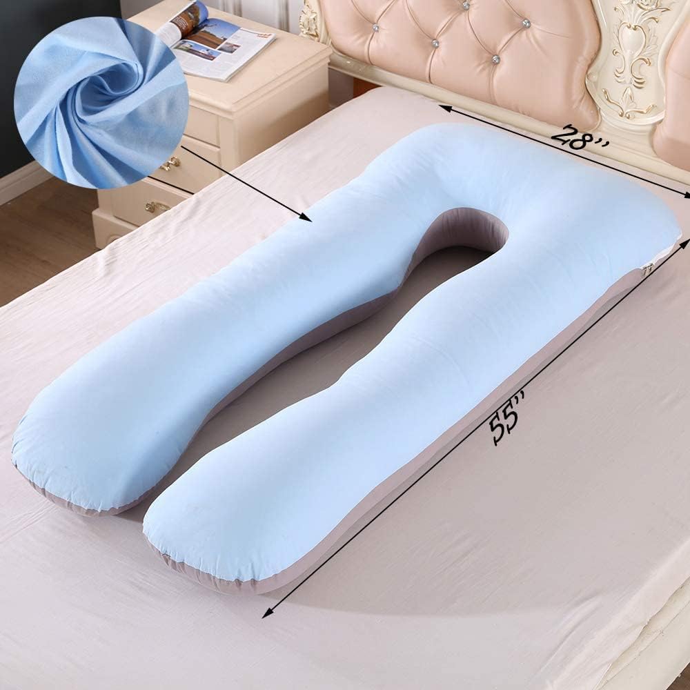 ELNIDO QUEEN Pregnancy Pillows for Sleeping - U Shaped Maternity Pillows - Support for Back/ Hips/ Legs/ Belly for Pregnant Women -Pregnancy Full Body Pillow with Cotton Cover(55x28 Inch, Blue/Grey)