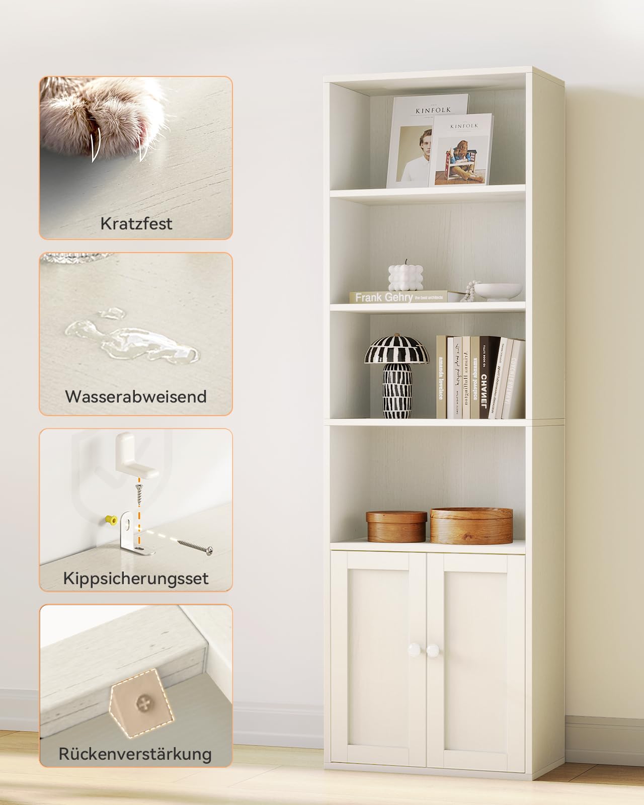 Coleshome 6 Niveaux Bibliothèque avec Portes et Placard, Bibliothèque Meuble de Rangement, Debout pour Stockage et Affichage, pour Maison, Bureau, Salon, Chambre à Coucher, Blanc