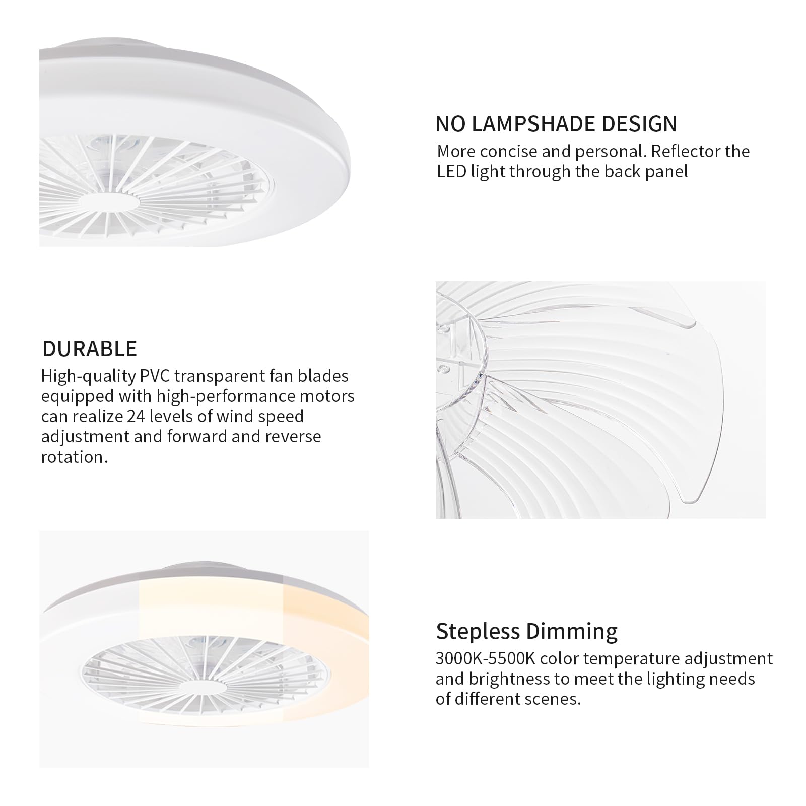 LED-Deckenleuchte mit Ventilator, dimmbares Licht, 24 Geschwindigkeiten, 3000-5500 K, weiß
