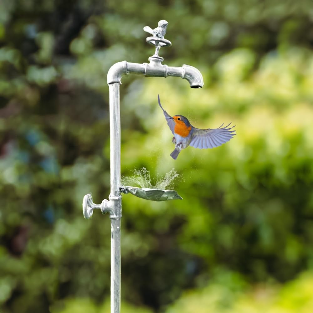Garden Mile Grey Metal Bird Bath & Feeder – 92Cm Freestanding Leaf-Shaped Bird Water Bowl & Seed Tray - Weatherproof Decorative Garden Ornament For Wild Birds And Wildlife