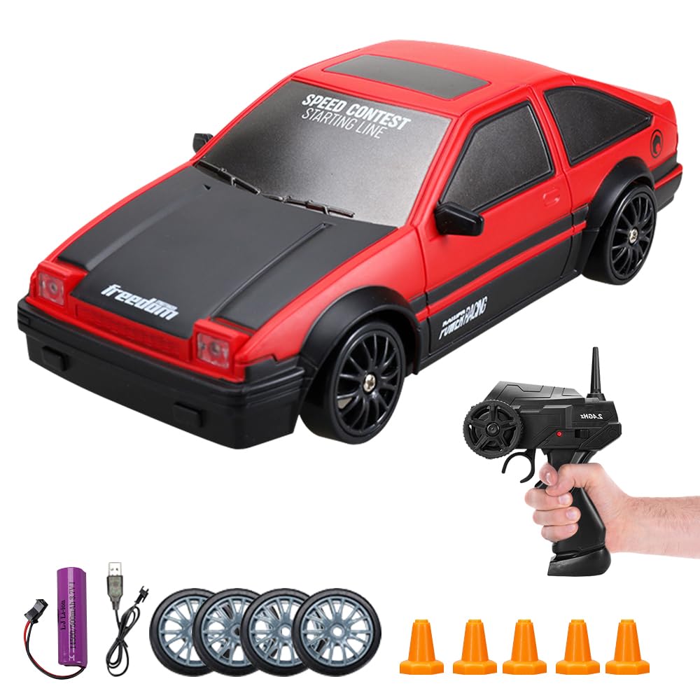 Mineup RC Drift Car, 1:24 Remote Control Car, 4WD Drift RC Car, 2.4GHz Mini Model Car Toy, High Speed Racing RC Drifting Car, 15Km/h RC Racing Car with 4 Racing Tires & 6 Barricades for Boys Kids