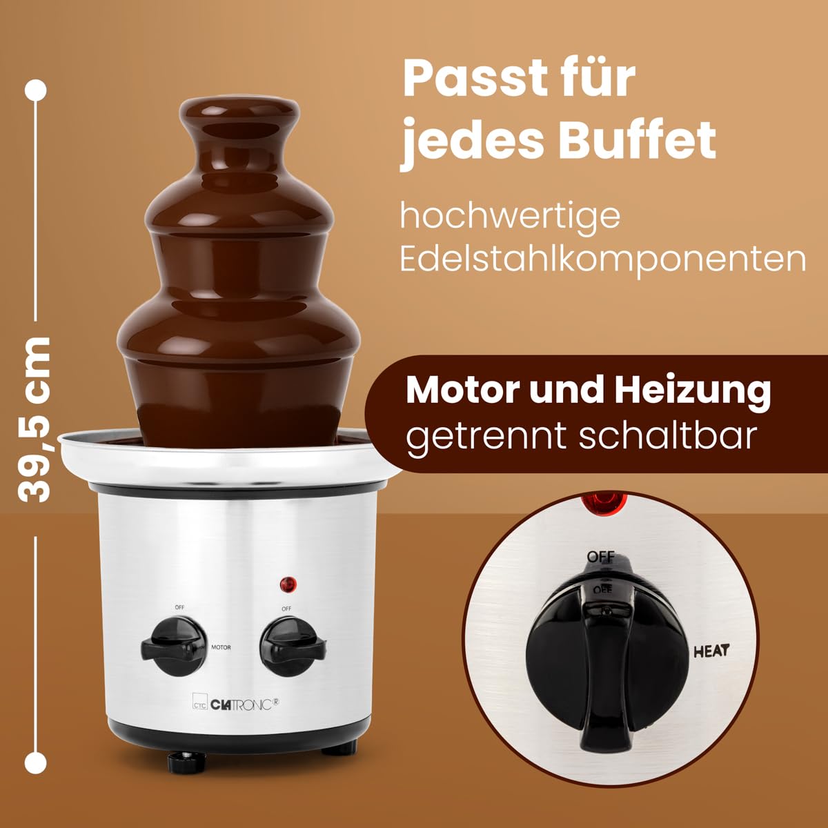 Clatronic® Schokobrunnen mit exzellentem Schokofluss | für Früchte und Gebäck I leicht zu reinigen | Schokoladenbrunnen | Schokobrunnen mit Schmelzfunktion I Schokoladenbrunnen klein I SKB 3248