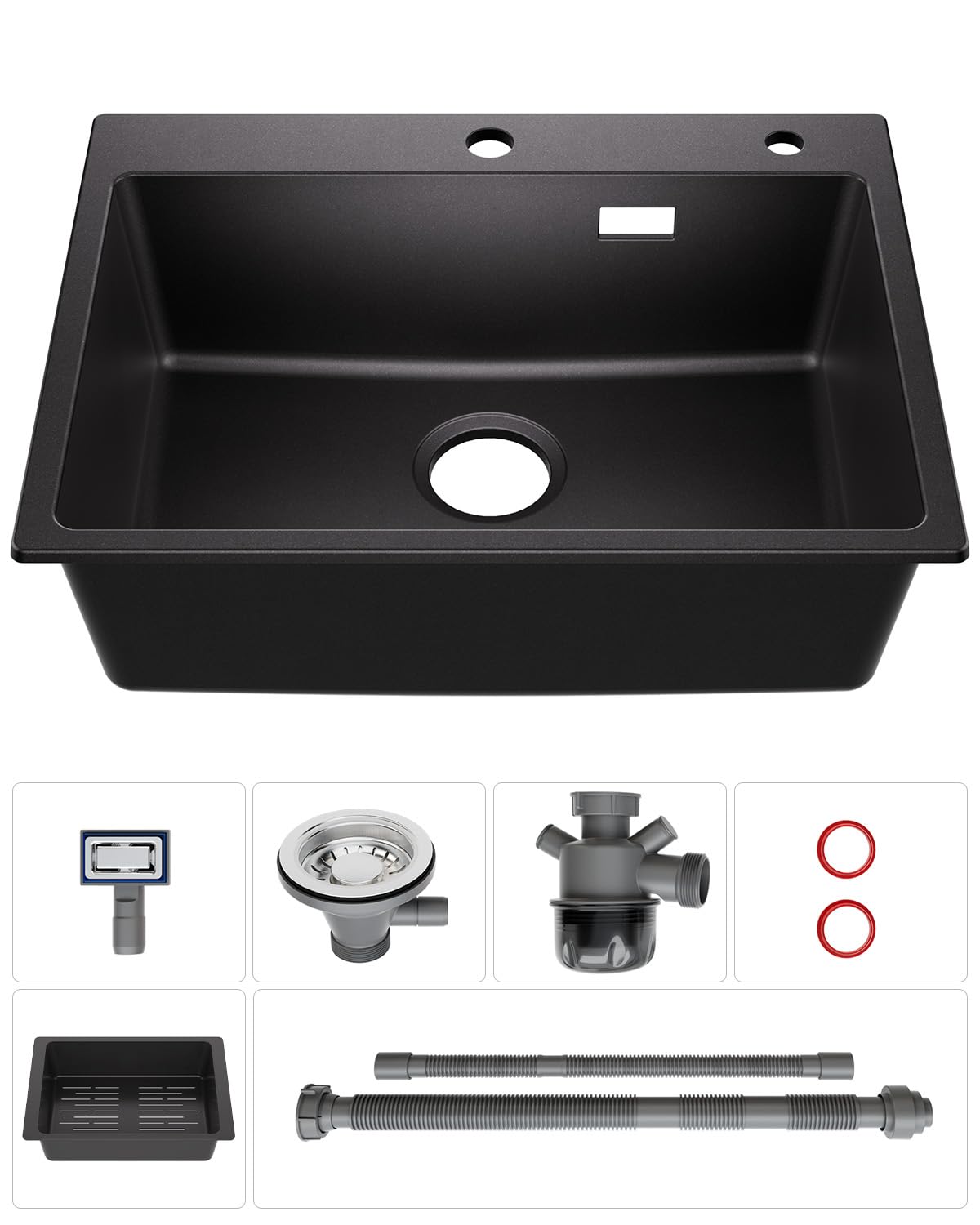 Lavello nero granito 60 x 45 cm, lavello nero, lavandino da cucina, grande lavello da cucina in granito, moderno lavello da incasso, rettangolare, singolo con 2 fori per rubinetto, 1 vasca