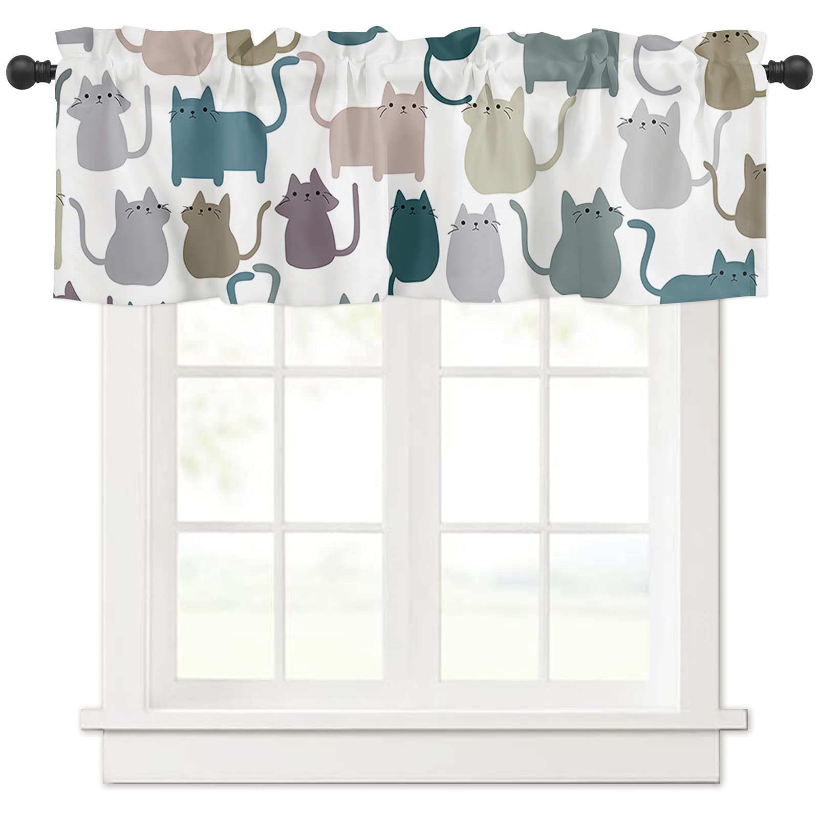 TocaHome Kitchen Window Valance Curtains Cartoon Lovely Cat Print Rod Pocket valances for Windows, Short Windows Treatments Curtain Panels for Bathroom Living Room Decor 42x18 Inch