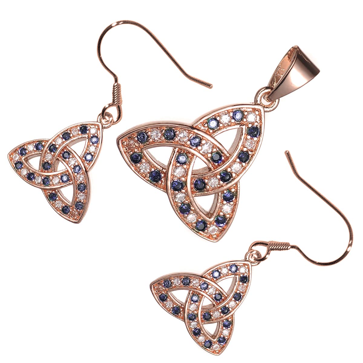 Parure Placcata Oro Rosa 18K Collana con Pendente e Orecchini Ciondolo Nodo Trinity Impreziosito da Pietre Colorato in Confezione Regalo per Donne