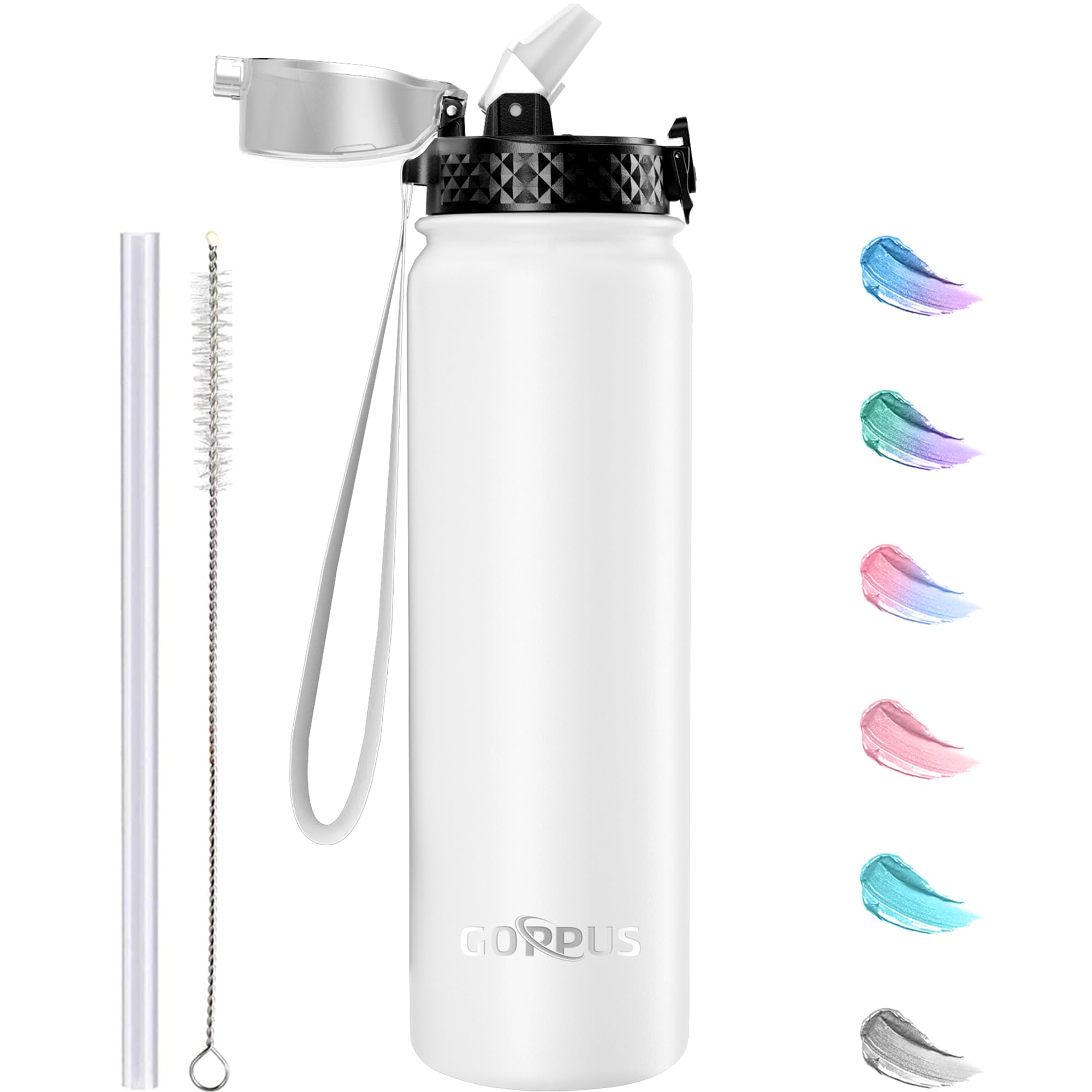 GOPPUS 1L/32oz Stainless Water Bottle with Straw Double Wall Insulated Bottles with Strap Reusable Vacuum Thermal Flask Leakproof Keep Cold Drinks Bottles with Flip Top Lid for Gym Men Women BPA Free