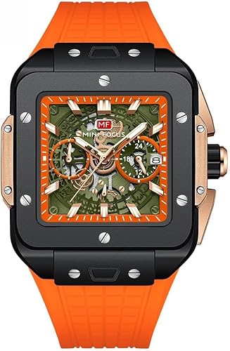 メンズバレルスクエアスケルトンクォーツウォッチ、多層合金ケース、夜光針、日付表示、防水、シリコンストラップ。, 05 ローズブラックシェルグリーン表面オレンジシリコンテープ