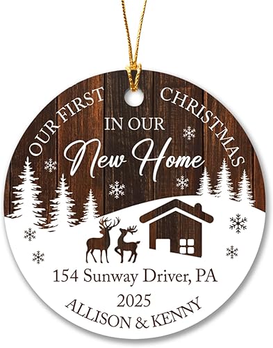 Adorno de madera con texto en inglés Our First Christmas in Our New Home (Nuestra primera Navidad en nuestro nuevo hogar), estilo de madera, adorno