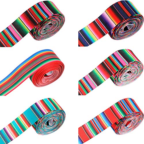 6 Rolls Fiesta Ribbons Mexican Rainbow Stripes Ribbons Colorful Serape Ribbons Mexican Grosgrain Ribbon for DIY Wrapping Fall Party Crafts Decorations Hair Bows Sewing Supplies