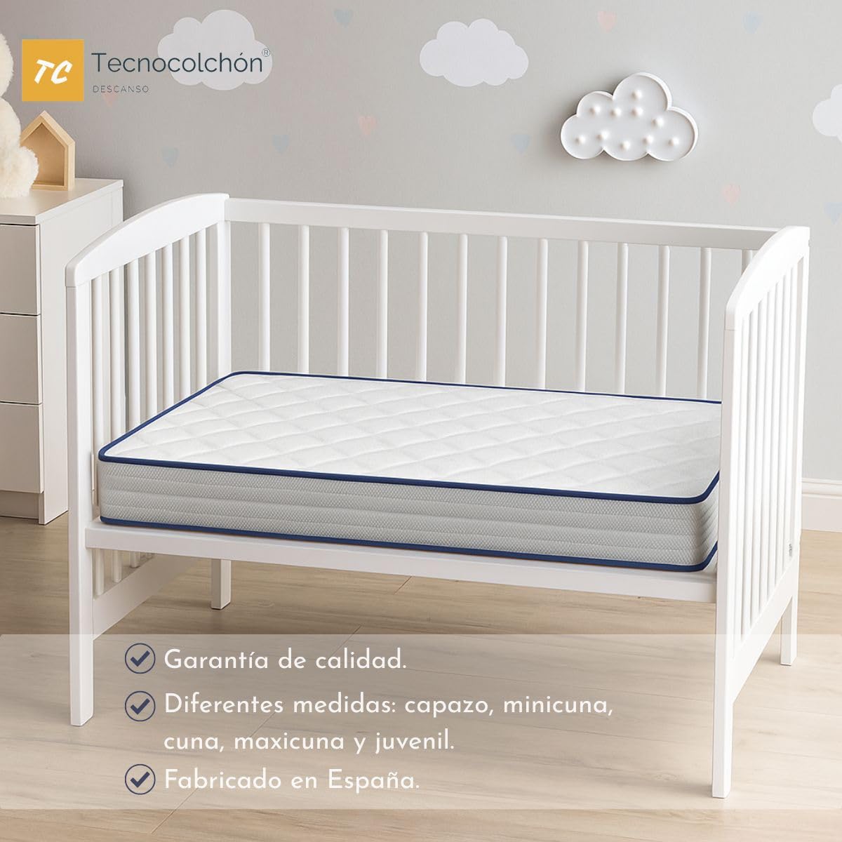 TECNOCOLCHÓN Colchón de Cuna Bebé Visco Baby® | Reversible Verano - Invierno | Gran Suavidad | Blanco | Certificados Oeko-Tex® y CertiPUR™ | 120x60x12 cm