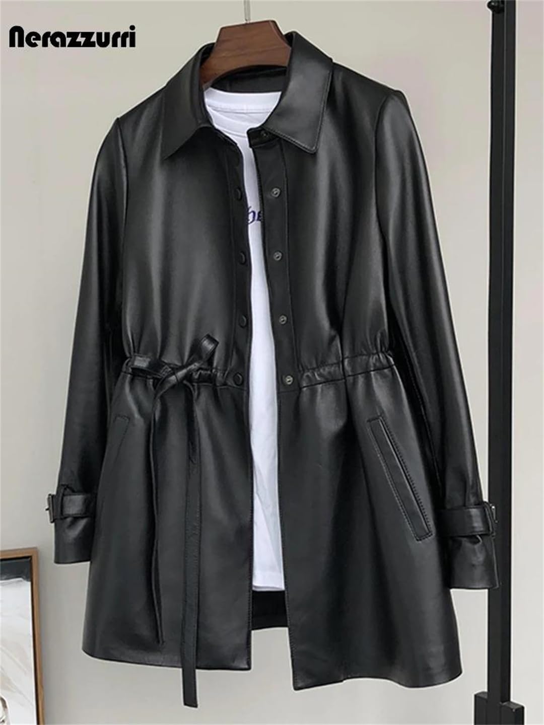 Women Spring Soft Faux Leather Jackets Long Sleeve Drawstring Black Pu Leather Coat