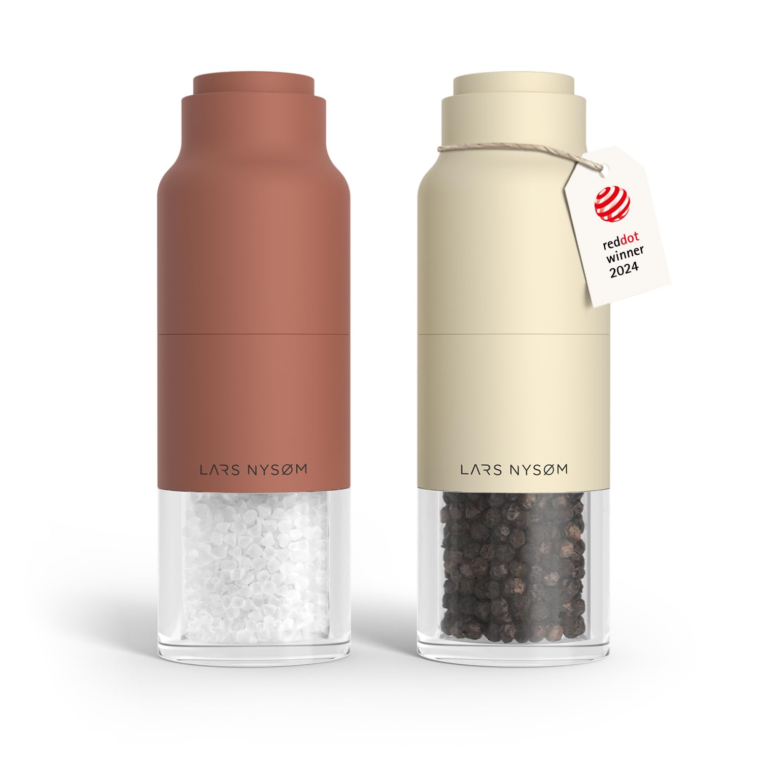 LARS NYSØM Salt and Pepper Grinder Set Stainless Steel with Adjustable Grinder I Bottle Design Spice Mills Set Manual (Red/Beige)