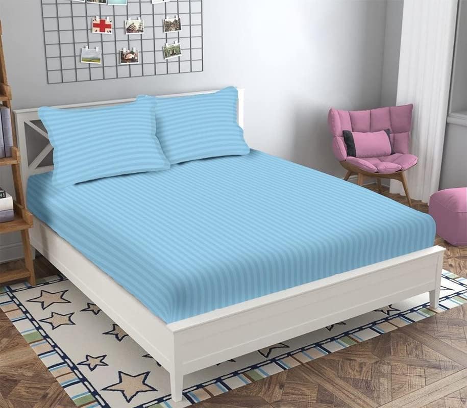 Image of Satan Striped Microfiber (Aqua Blue,) bedsheet for Double Bed with 2 Pillow Covers Breathable | Wrinklefree and Softtouch Striped Bedding Set