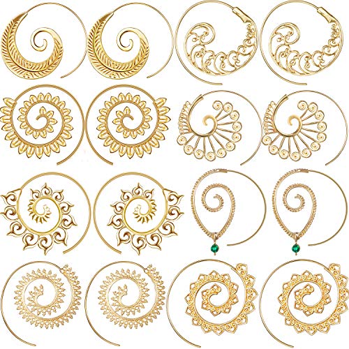 Hicarer 8 Pairs Bohemian Vintage Hoop Earrings Circles Tribal Spiral Earrings for Women (Gold)