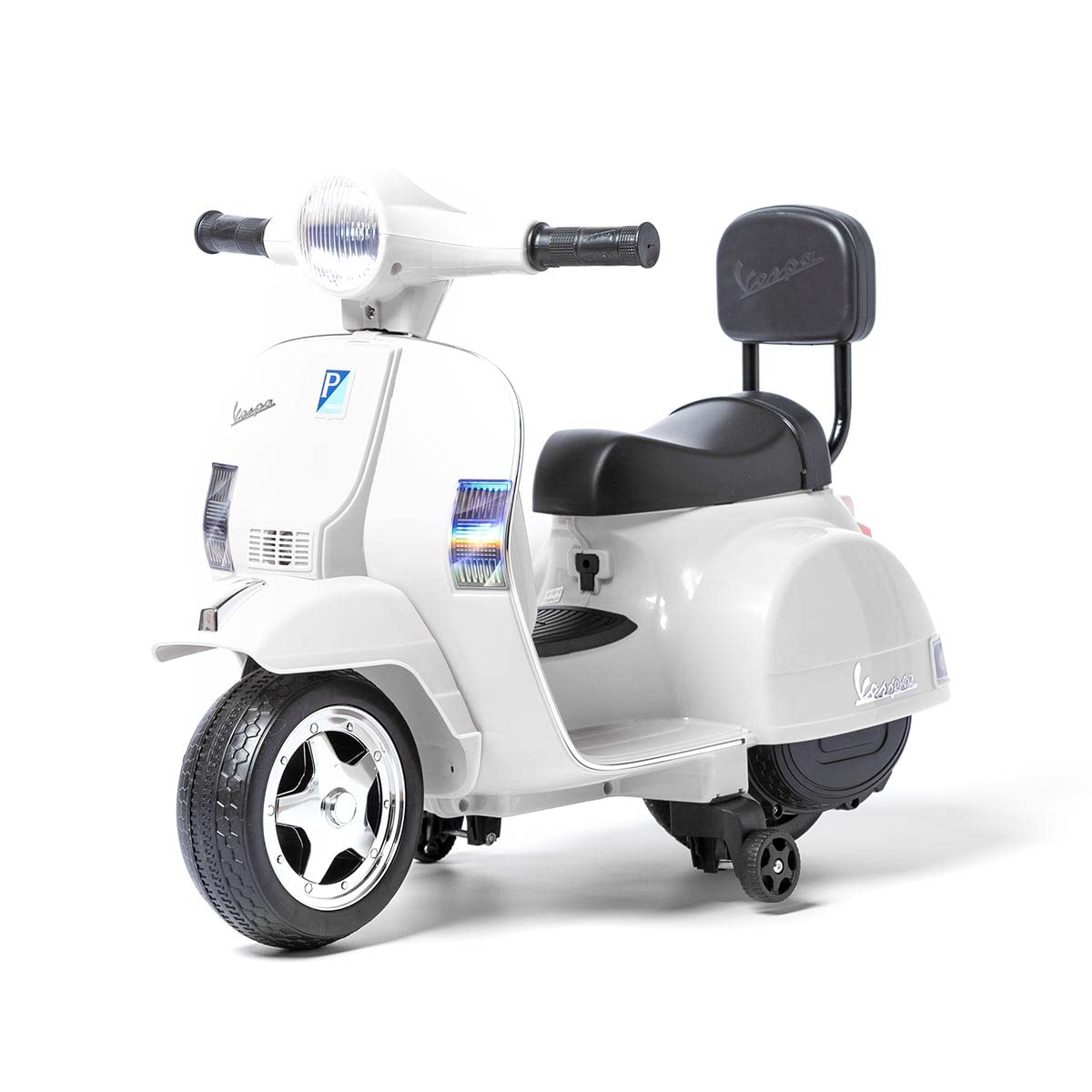 Vespa PX150 MINI Moto Elettrica Bianca per Bambini 6V con Luci LED, Musica, Ruote Laterali e Licenza Ufficiale Piaggio