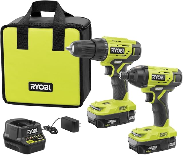 Ryobi P1817 18V ONE+ Kit combo de 2 ferramentas sem fio de íon de lítio com (2) baterias de 1,5 Ah, carregador de 18 volts e bolsa
