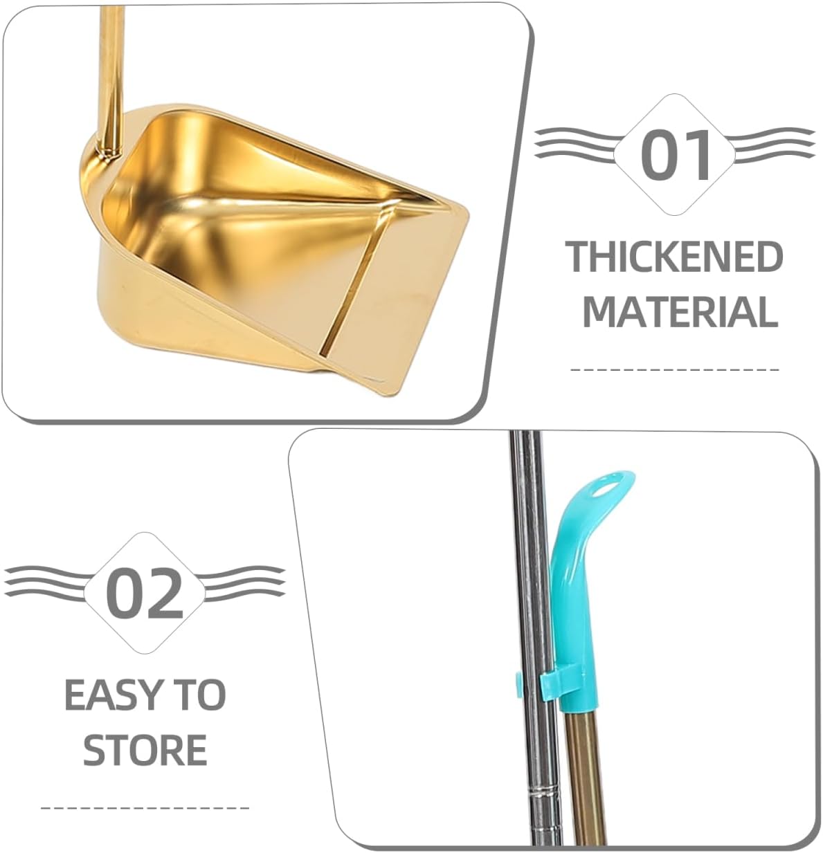 ABOOFAN Stainless Steel Broom and Standing Dustpan Set – Long Handle Sweep Tool with Golden Finish, Leak-Resistant Floor Cleaning for Kitchen, Office, Classroom, Home Use