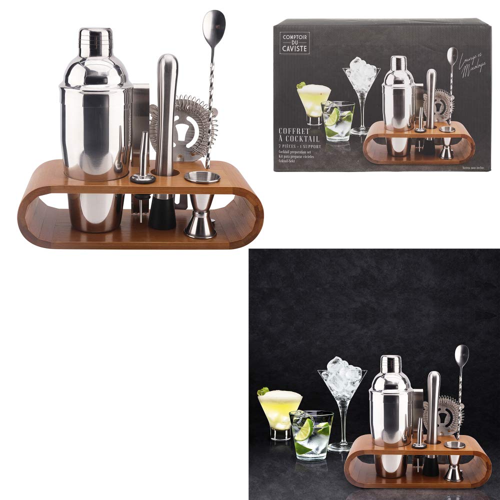 COOK CONCEPT - KV7303 Coffret Complet à Cocktail avec Support en Bambou - Shaker, Pilon, Passoire, Cuillère, Verre Doseur, Bouchon Verseur, Pince - 27.6 x 25 x 10.5 cm - Couleur Argent