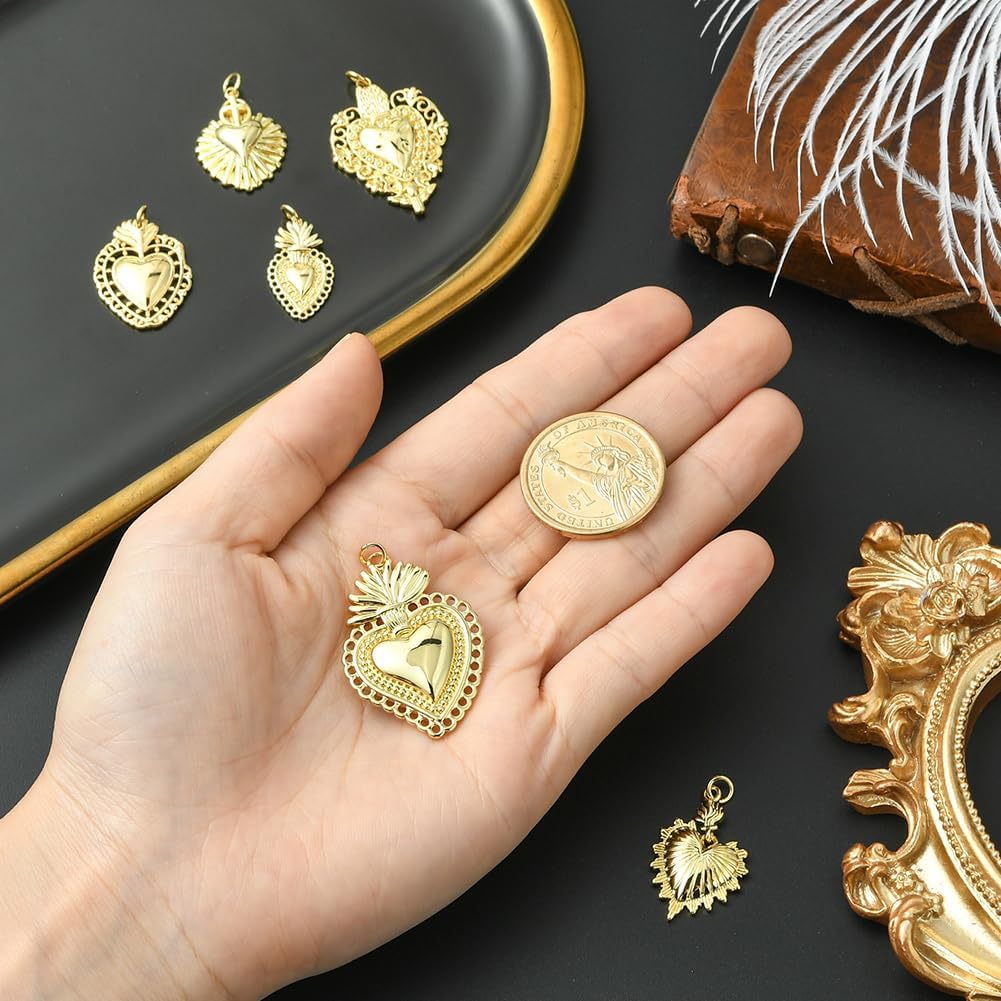 SUNNYCLUE 1 Box 6Pcs 6 Styles Real 18k Gold Plated Brass Heart Charm Sacred Hearts Charms Bulk Valentines Cinco de Mayo Pendants with Jump Ring for Jewelry Making Bracelets Necklace DIY Craft Supplies - Image 4