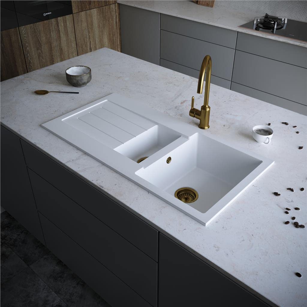 Liquida ELL15WH 1.5 Bowl Comite Reversible Inset White Kitchen Sink with Wastes