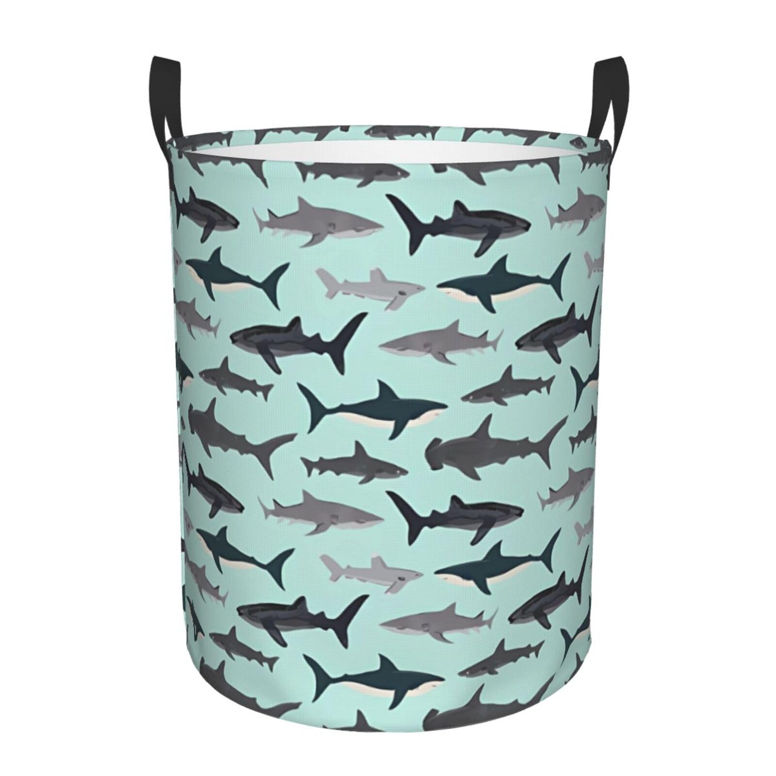 M Circular Hamper – Collapsible Cartoon Sharks Print Laundry Basket