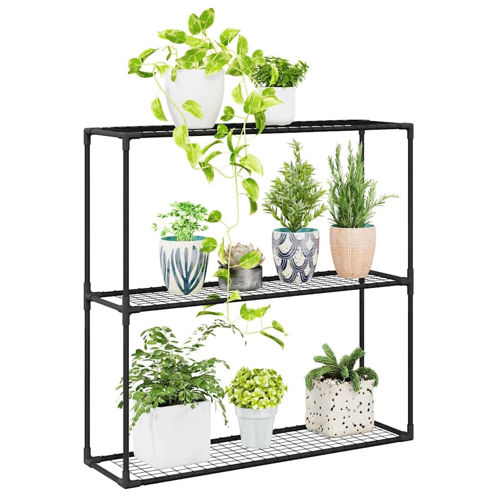 Moderno supporto per piante a 3 ripiani, nero, in acciaio, 100 x 32 x 102 cm, rettangolare, per esterni, con ripiani in rete per un drenaggio e una ventilazione ottimali, ideale