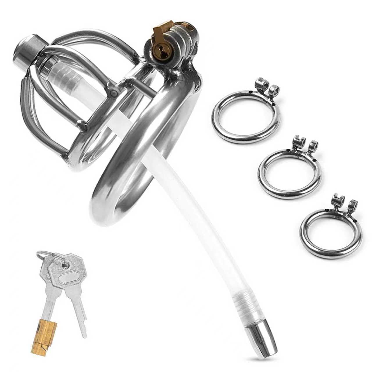 BDSMYOU Gabbia di Castità per Uomo,Gabbia per Pene in Acciaio Inossidabile con Dilatatore Uretrale e 3 Anelli per Testicoli,Chastity Cage in Metallo Cintura di Castità,Sex Toys Uomo (A)