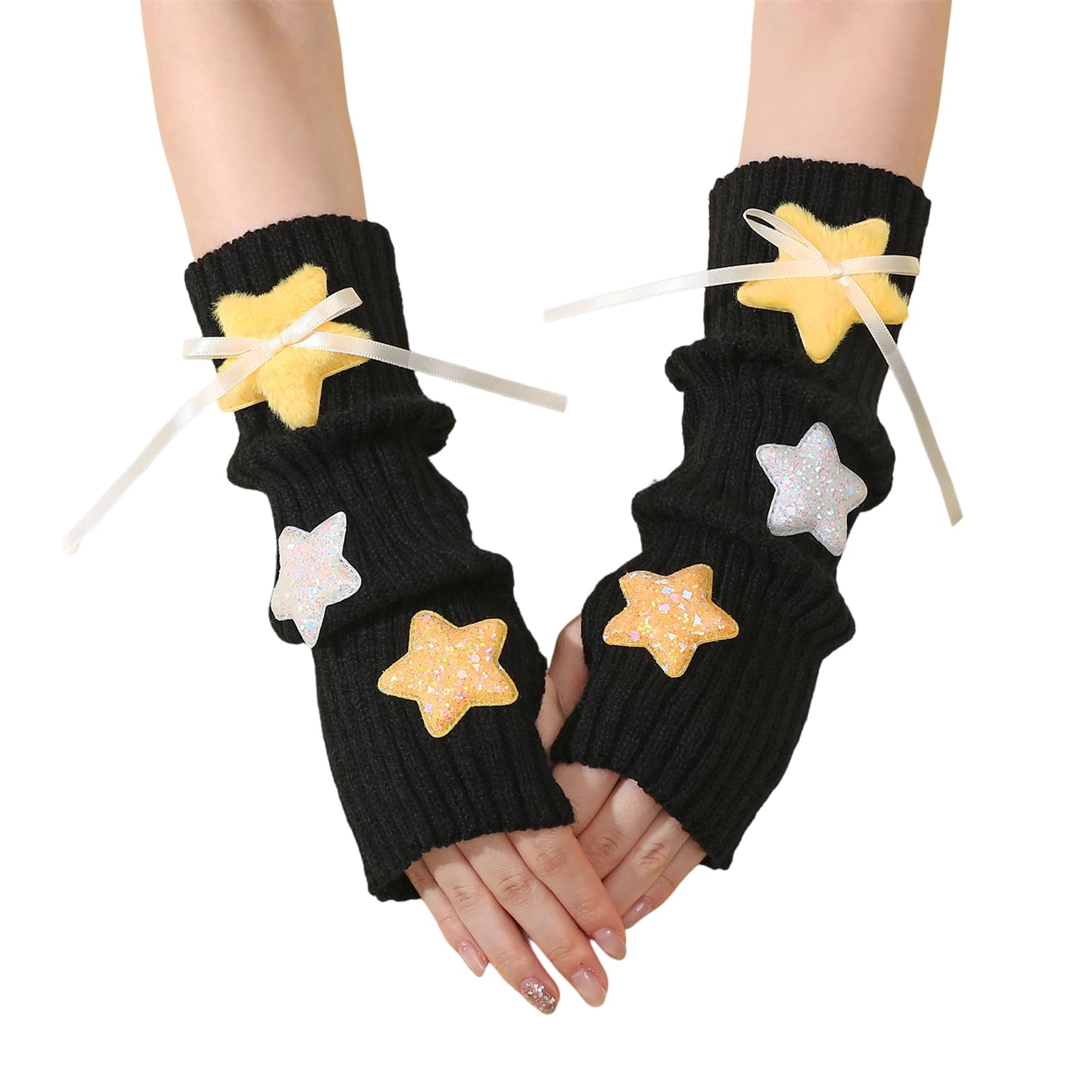 MICFENY Soft Acrylic Star Arm Warmers Oversleeve Half Finger Gloves For Winter Cycling Use