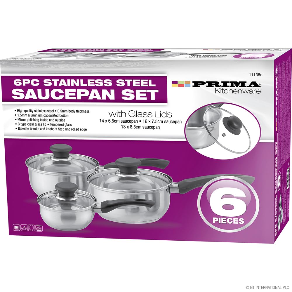 Kitchenware 6 Piece Stainless Steel Saucepan Set, 14/16/18cm Cooking Pots with Lids for Everyday Cooking, Durable Cookware Set