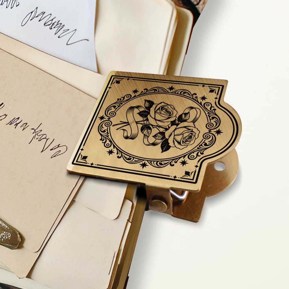 ANATTASOUL Brass Travel Notebook Journal Clip Vintage Border Floral Book Binder Clip Metal Vintage, 1.8"x1.6" Decorative Heavy Duty Gold Page Holder Clamps for Book, Paper, Bookmark, Accessories, Gift