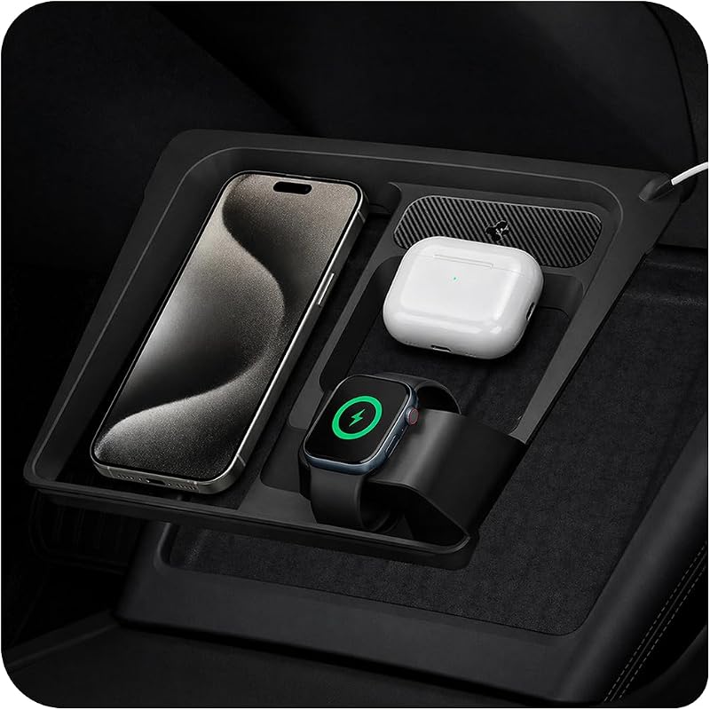 Soporte organizador 3 en 1 para Tesla Model 3 Highland (estándar, premium y rendimiento 2024/25/26) (cargador de reloj no incluido) - Utiliza plataforma de carga inalámbrica - Carga iPhone, AirPods, Apple Watch