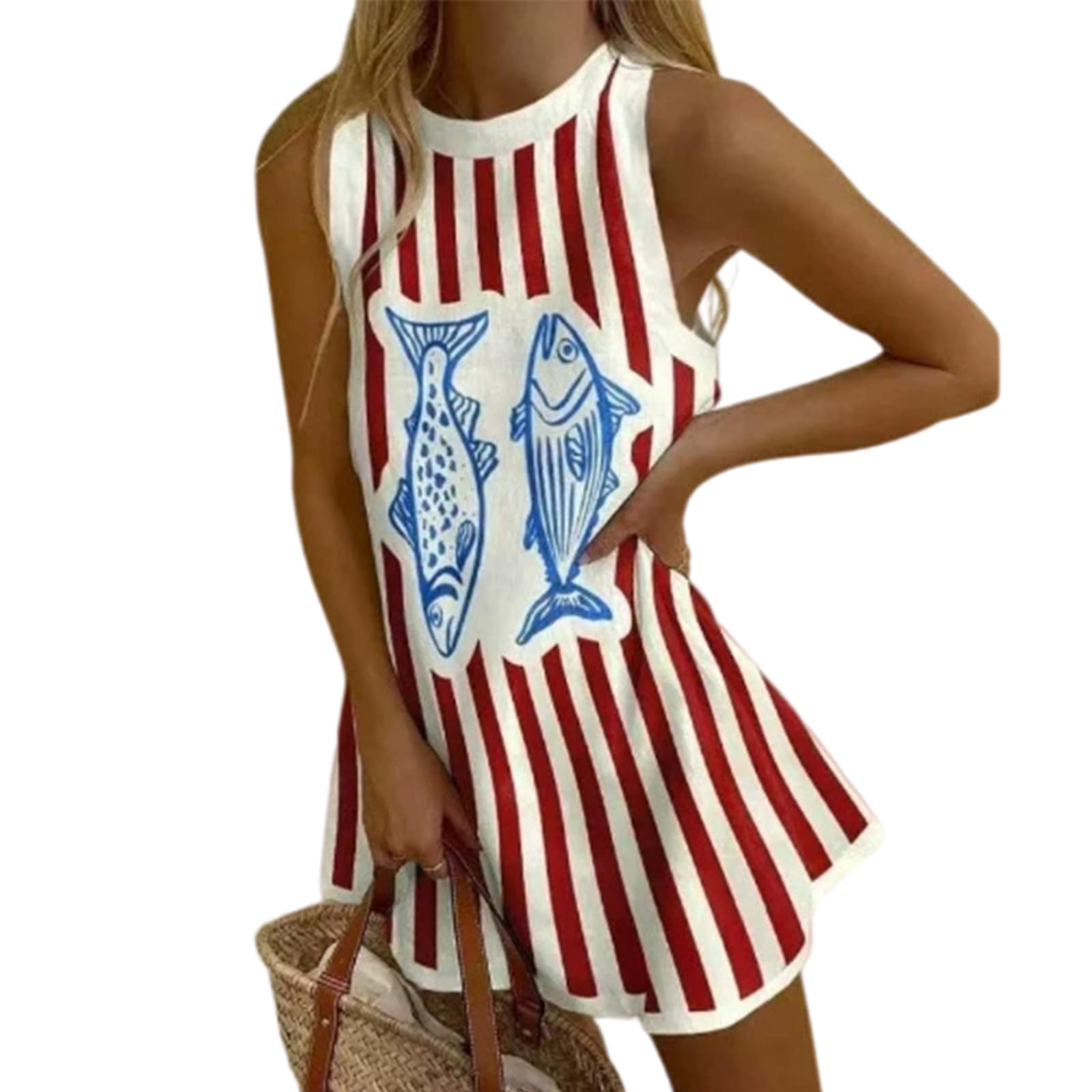 QingxingFa Sardine Print Dress for Women, Sleeveless Mini Tank Dress Casual Loose A Line Beach Vacation Sundress (J,XXL)