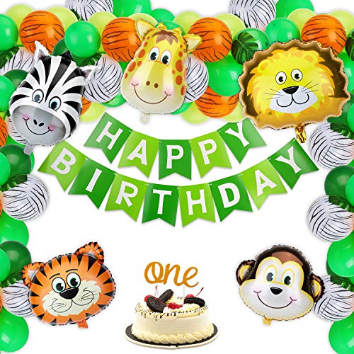 KATELUO Giungla Decorazioni di Compleanno Party,Party Decorazioni,Buon Compleanno Banner,Foglie di Palma, Palloncini Animali Giungla, Compleanno Festa Decor per Ragazzo e Ragazze