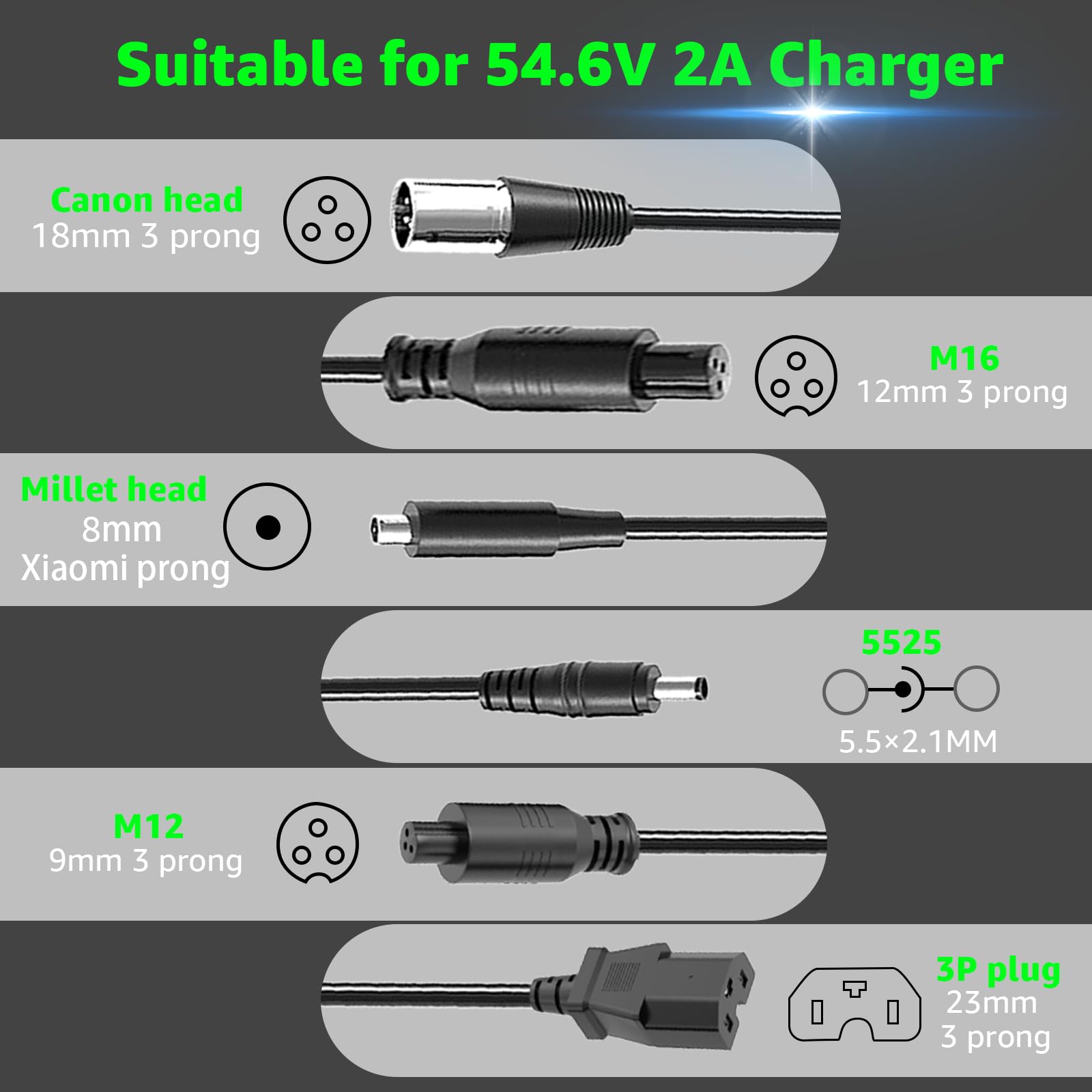 Cargador de batería de litio de 48 V, 54,6 V, 2 A, repuesto para Jetson, Gotrax, Razor, Ninebot, Segway, Swagtron, Hiboy, con 6 enchufes