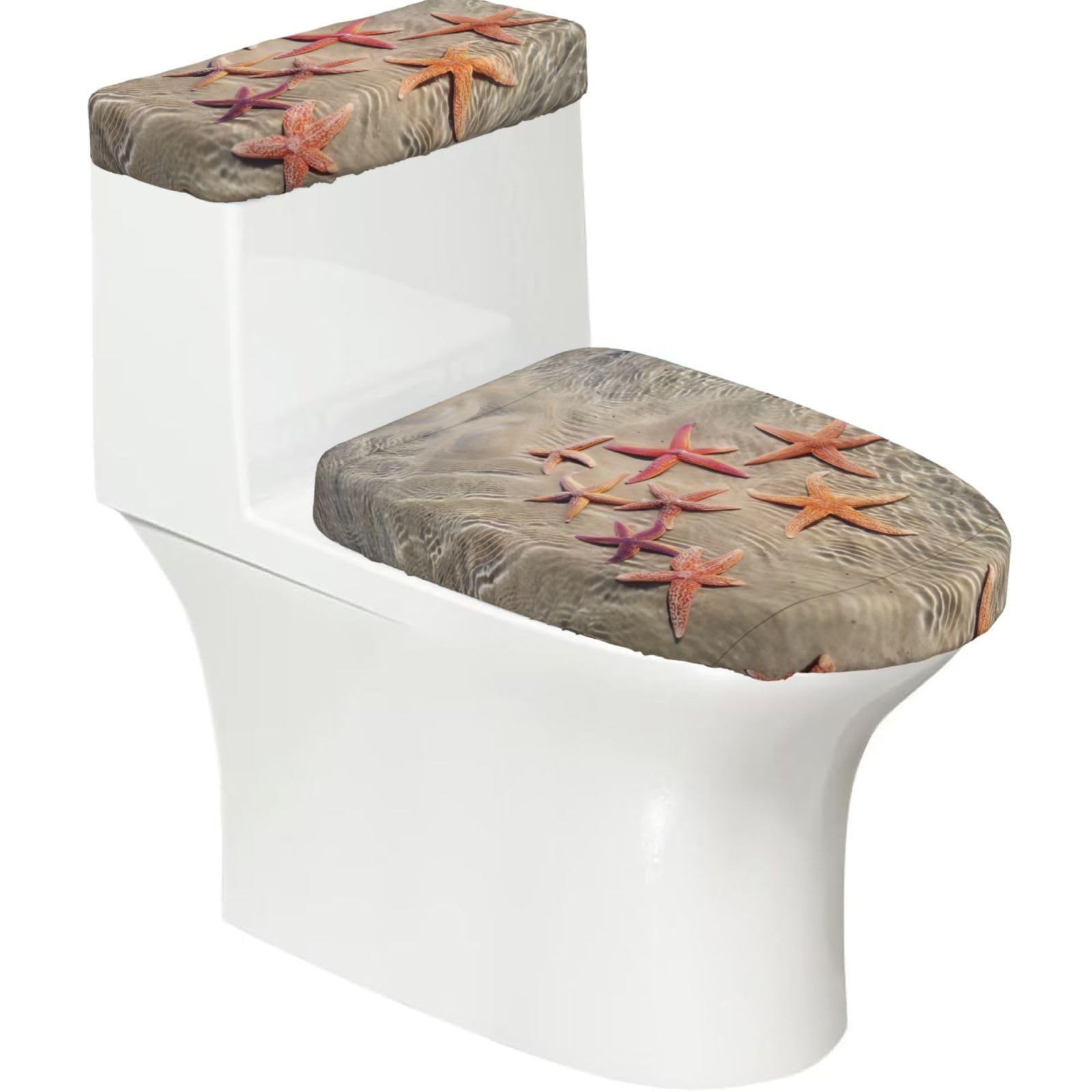 Ocean Starfish 2-Piece Toilet Seat Cover Set with Tank Lid, Elastic Fit for U-Shape & Elongated Toilets, Bathroom Decor, Housewarming Gift