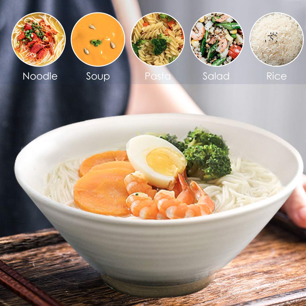Genérico Tazón de Porcelana para Sopa de Fideos Ramen con Palillos y cucharas, 2 tazones japoneses Grandes de 600 ml para Udon, pho, Pasta y ensaladas, tazones para Cereales y Fideos.
