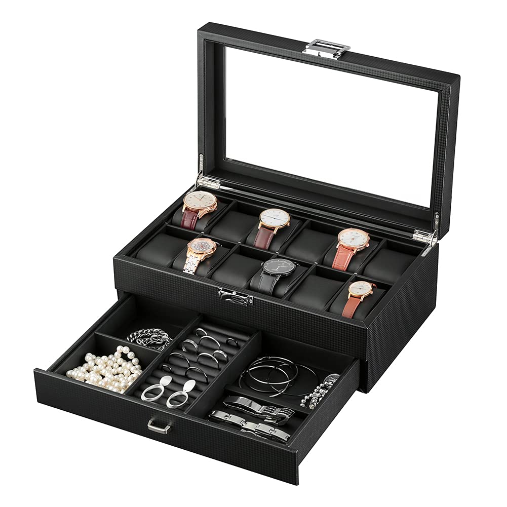 Caja de reloj de piel con 12 compartimentos, con cajón, caja de relojes de lujo, organizador de presentación, caja de relojes, anillos, pulseras (fibra de carbono W79T)