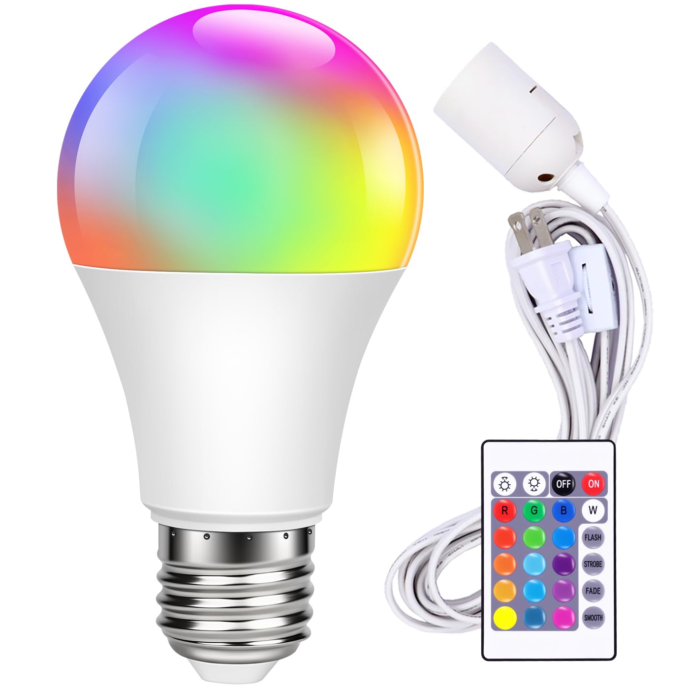 FUSMYE Color Changing Light Bulb with 11.48ft Cord,Christmas Decoration, Remote Control,RGB White 10W LED 16 Color Choices,for Holiday Home,Indoor and Outdoor Romantic Colorful Atmosphere