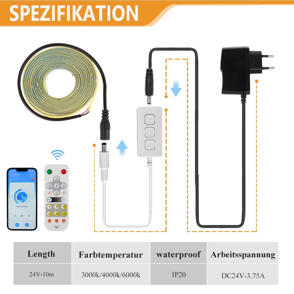 Striscia LED COB da 5 m, 24 V, con telecomando RF/Smart App/Alexa e dimmerabile, 2700 K, luce bianca calda, 320 LED/M LED per cucina, bagno, camera da letto fai da te.