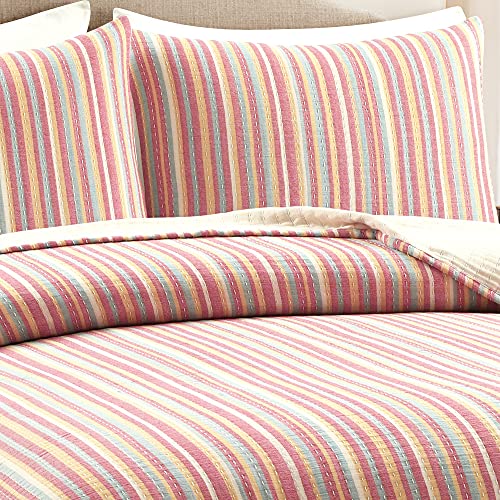 Lush Decor Tracy Stripe Pick Stitch Kantha Yarn Dyed 3 Piece Cotton Woven Quilt/Coverlet Set, King, Rust & Yellow #TOP5
