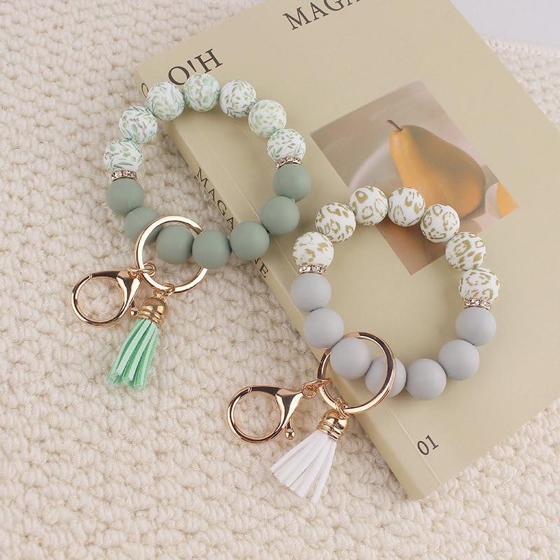 Image of Silicone Beaded Bracelet Keychain Wristlet Cute Car Key Chain Holder Wallet Bag Charm Accessory