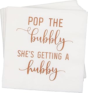 Pop The Bubbly Shes Getting A Hubby Napkins, Rose Gold Bachelorette Napkins, Bridal Shower Napkins for Bachelorette Party, Bridal Shower Engagement Wedding Party Decorations (5 x 5 In, 50-Pack)